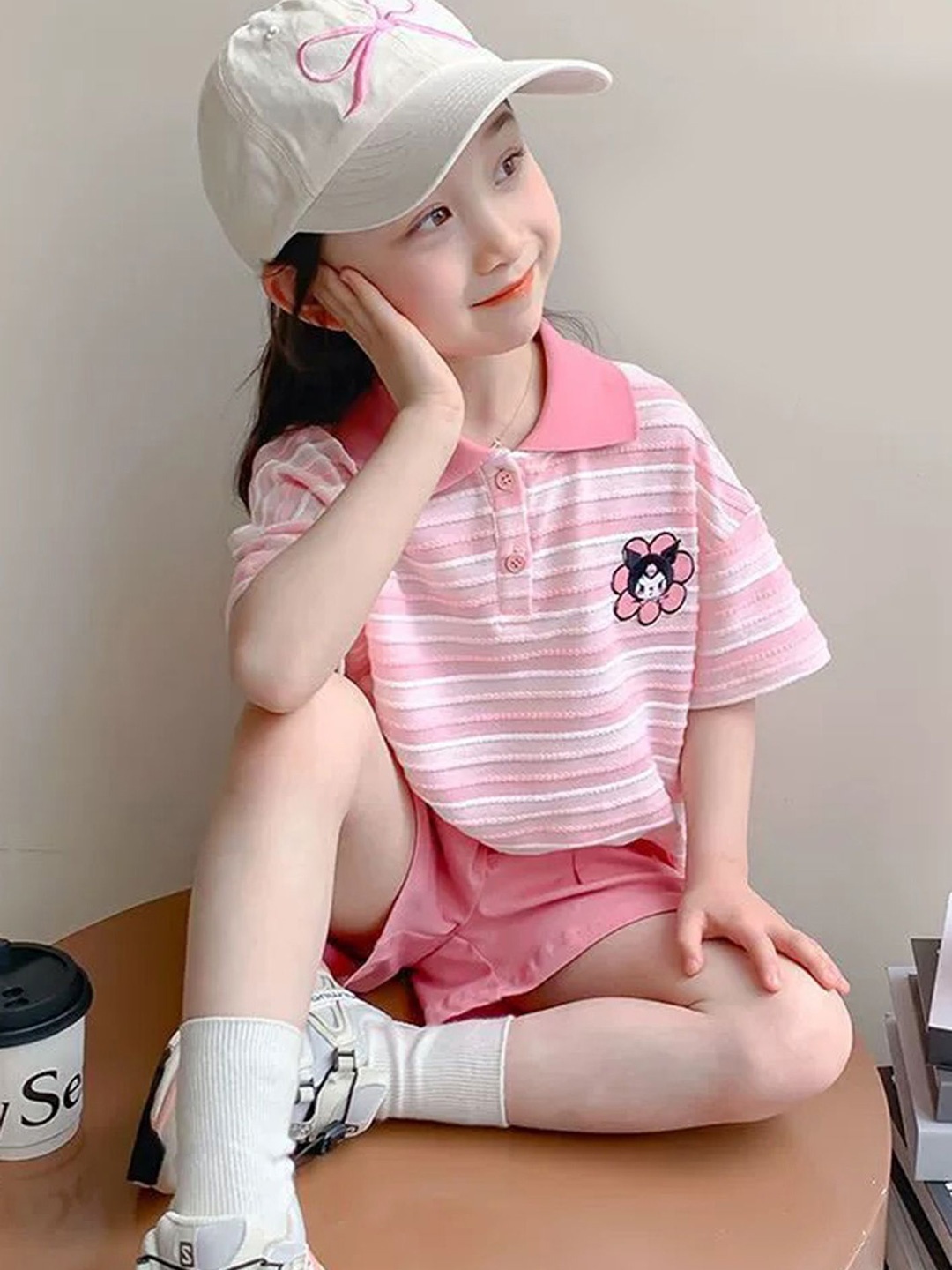 

LULU & SKY Girls Striped Polo Collar T-Shirt With Shorts, Pink