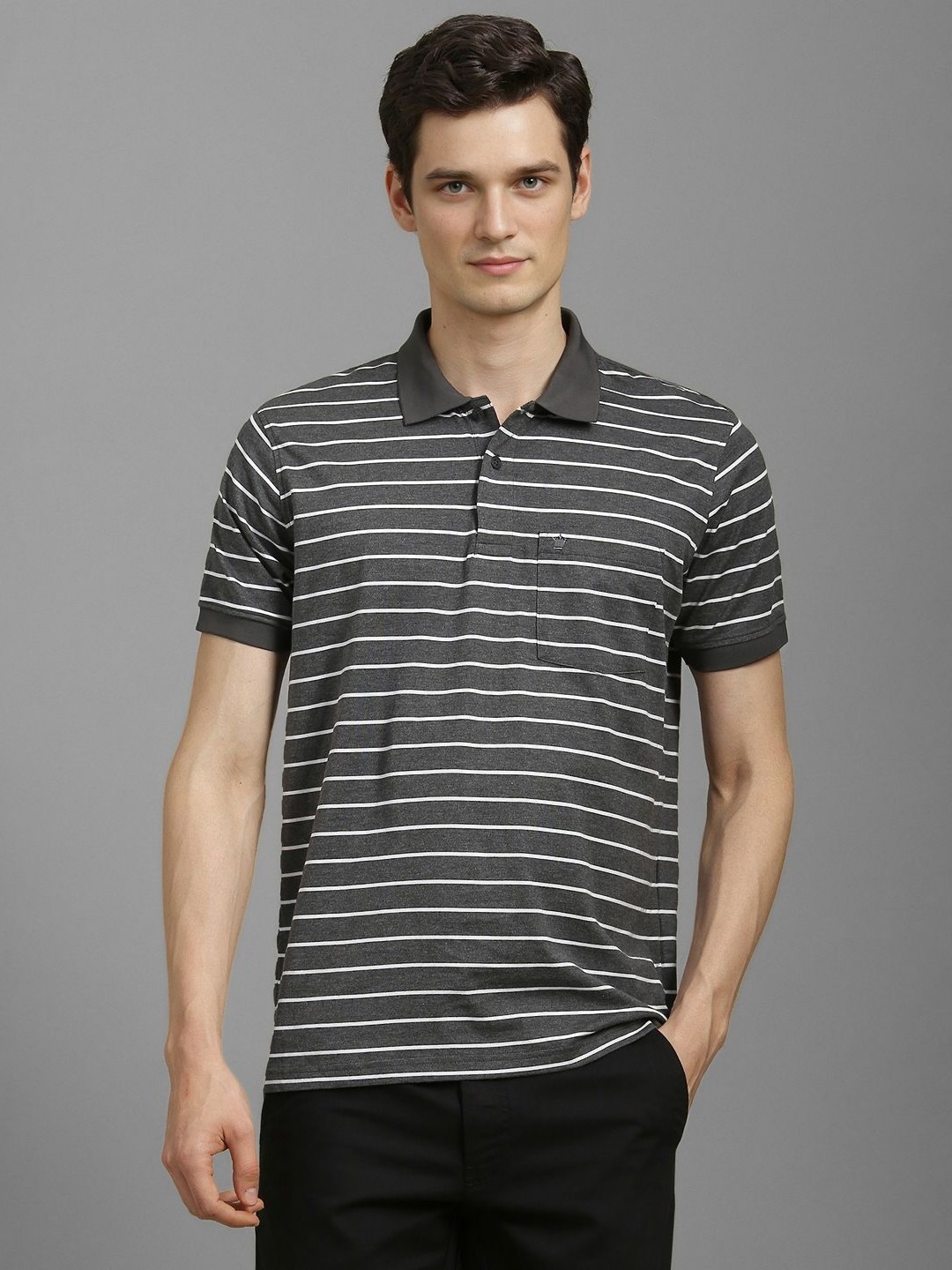 

Louis Philippe Men Striped Polo Collar Cotton T-shirt, Charcoal