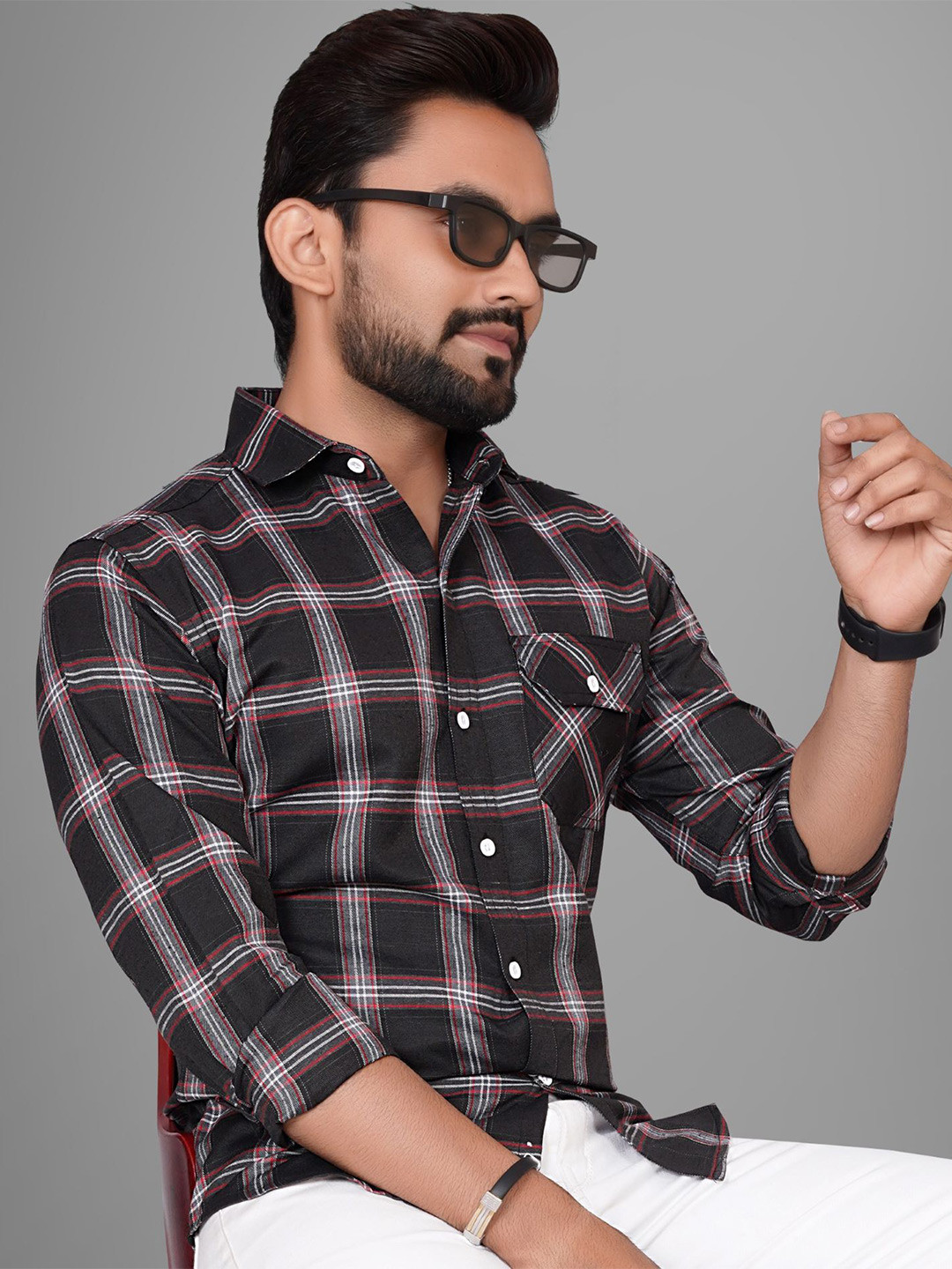 

Metronaut Men Regular Fit Spread Collar Tartan Checked Cotton Casual Shirt, Black