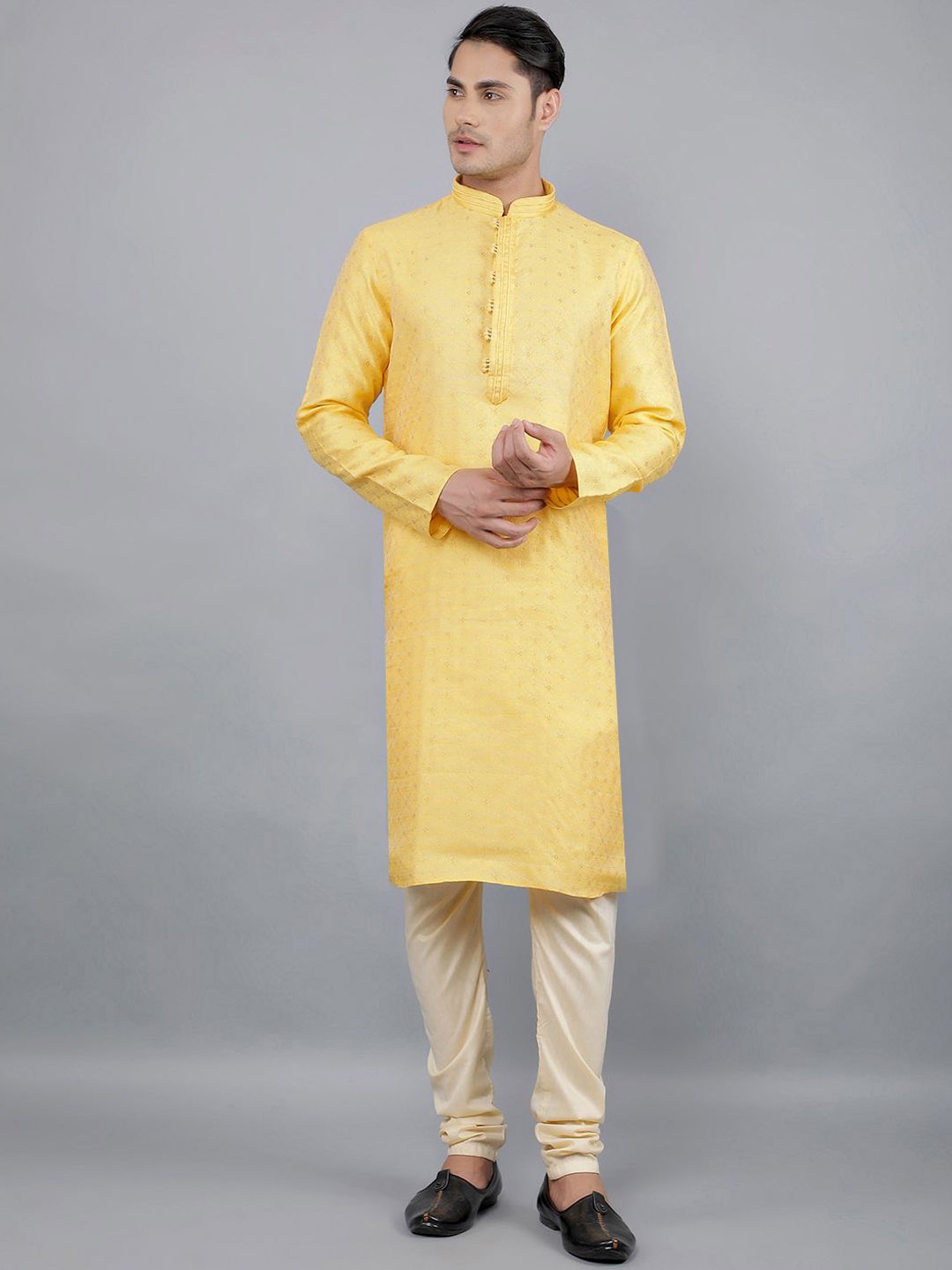 

Manish Creations Floral Woven Design Mandarin Collar Jacquard Straight Kurta With Churidar, Yellow