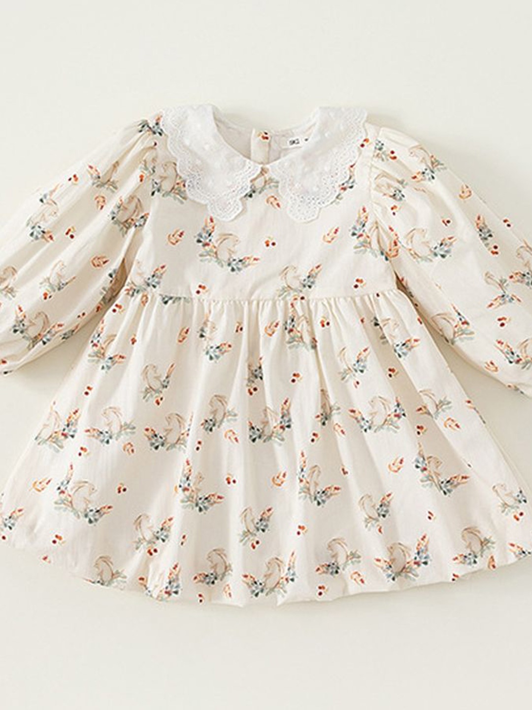 

LULU & SKY Girls Cotton Floral Printed Puff Sleeve Fit & Flare Dress, Beige