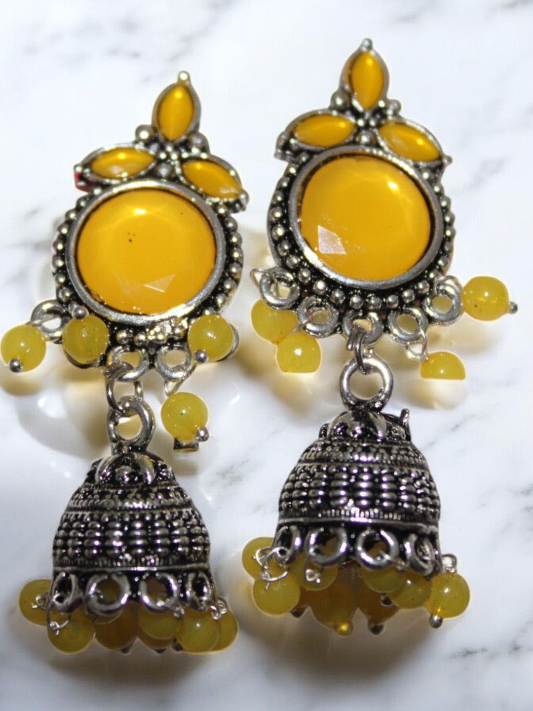 

Jolly Faces Artificial Stones Studded And Beaded Dome Shaped Oxidised Jhumkas, Silver