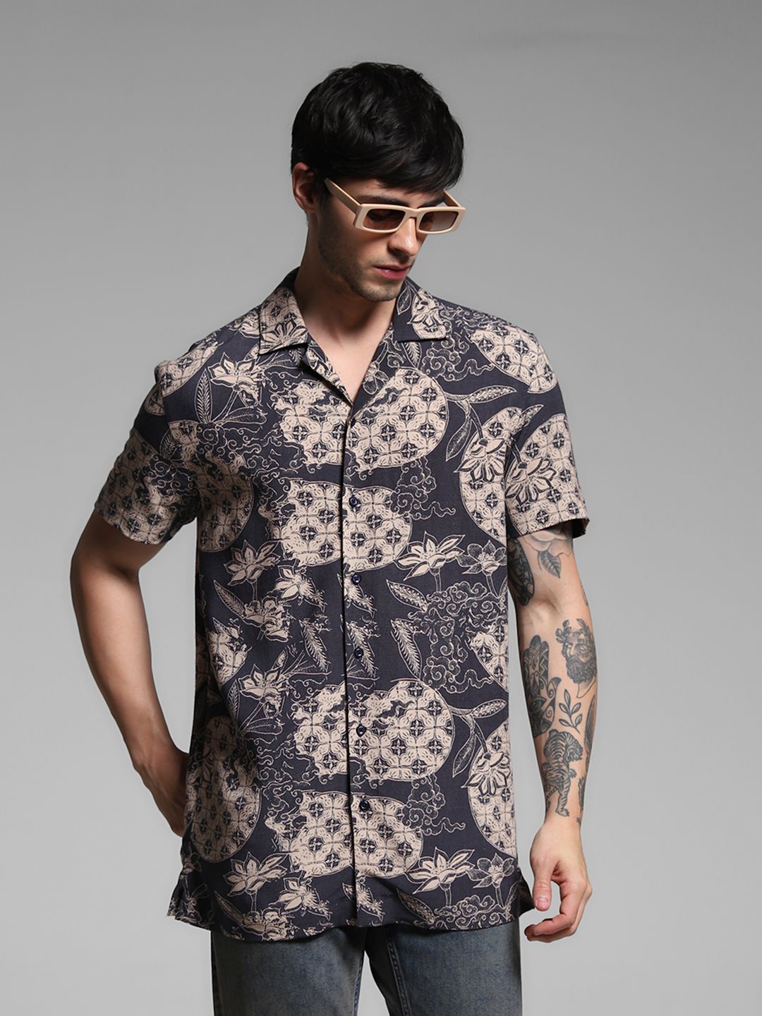 

Jack & Jones Men Relaxed Fit Cuban Collar Floral Printed Cotton Casual Shirt, Black