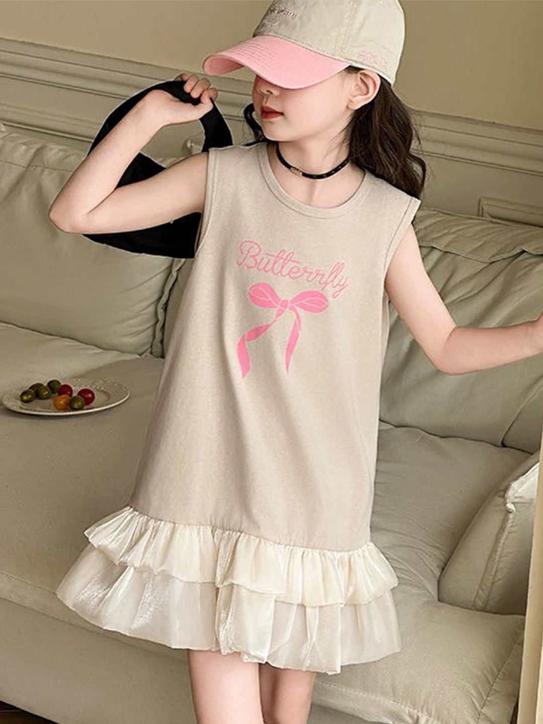 

LULU & SKY Girls Printed Round Neck A-Line Dress, Beige
