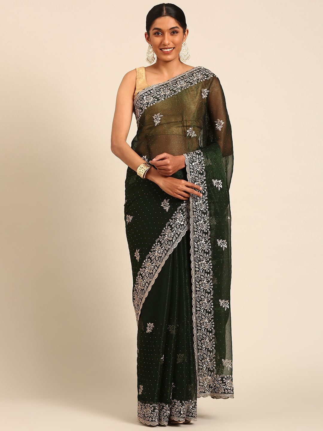 

LeeliPeeri Designer Embellished Embroidered Silk Blend Saree, Green