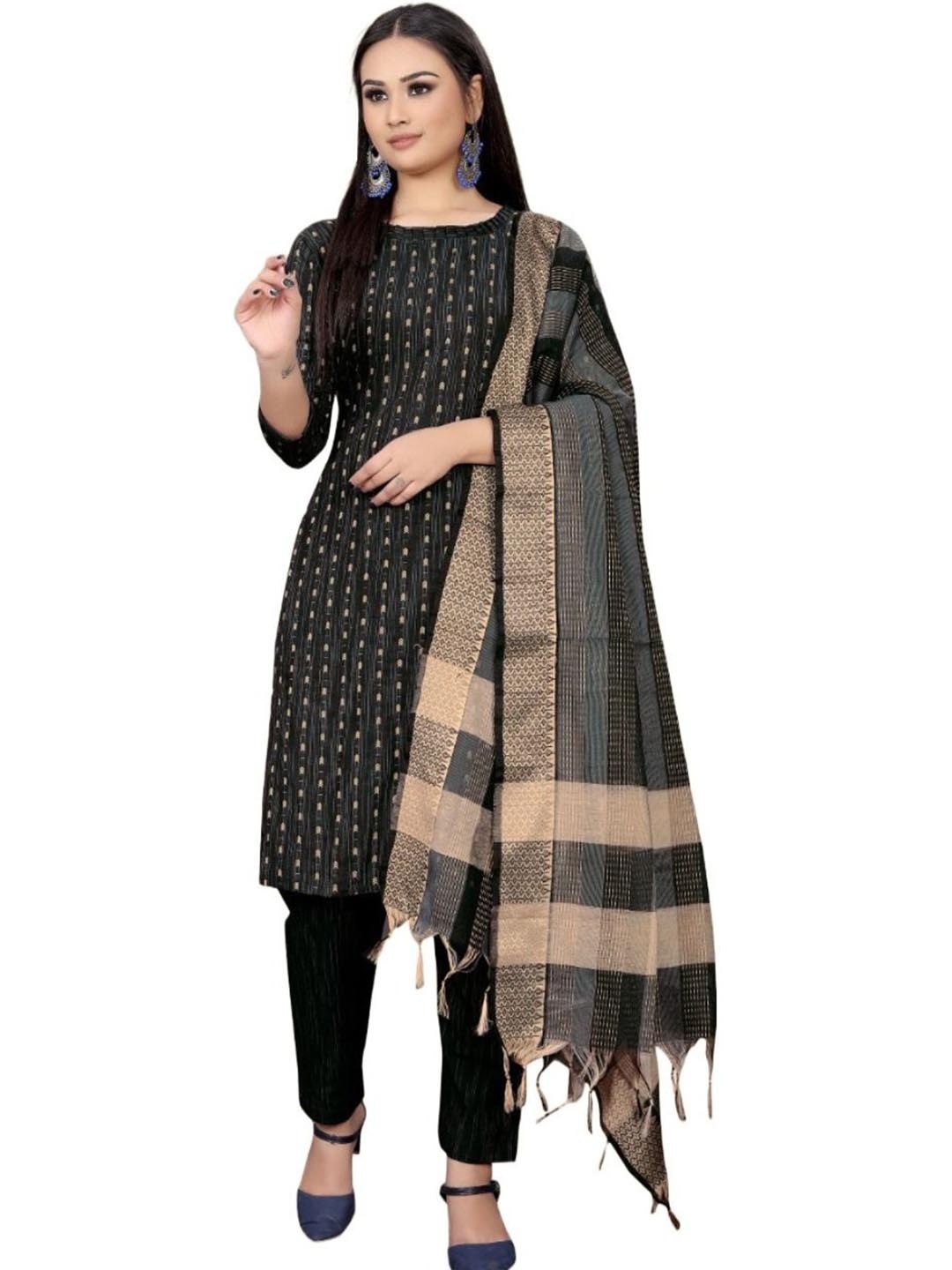 

Aika Ethnic Motifs Woven Design Pure Cotton Unstitched Dress Material, Black