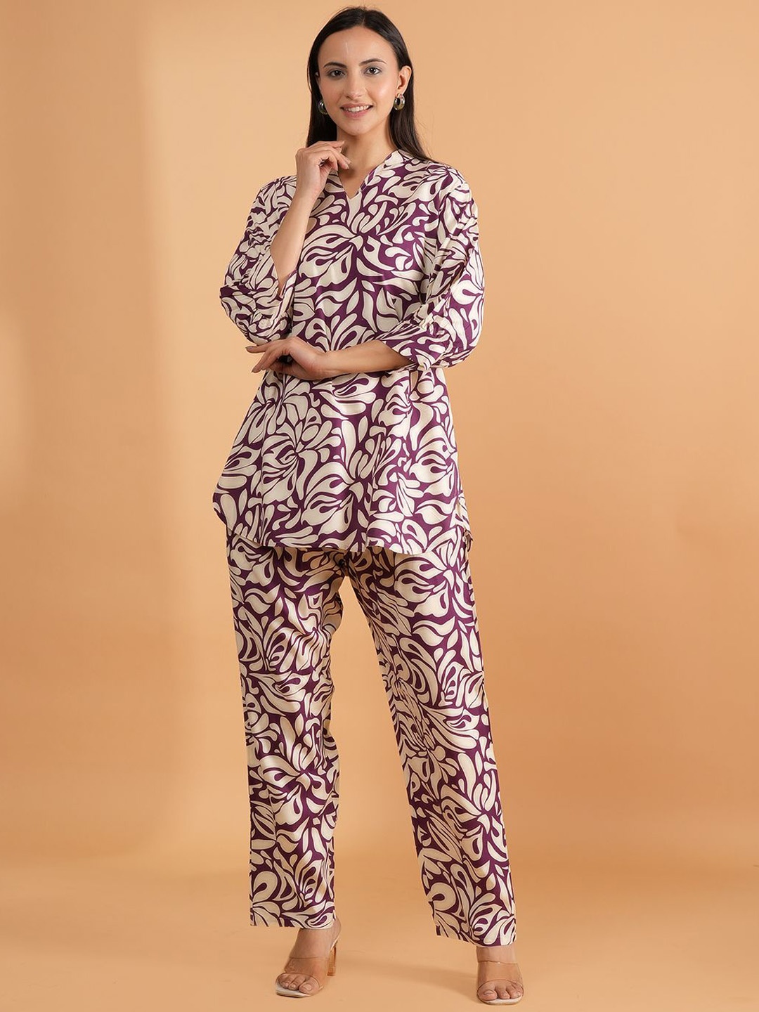 

BAESD Abstract Printed V-Neck Tunic With Trouser, Purple