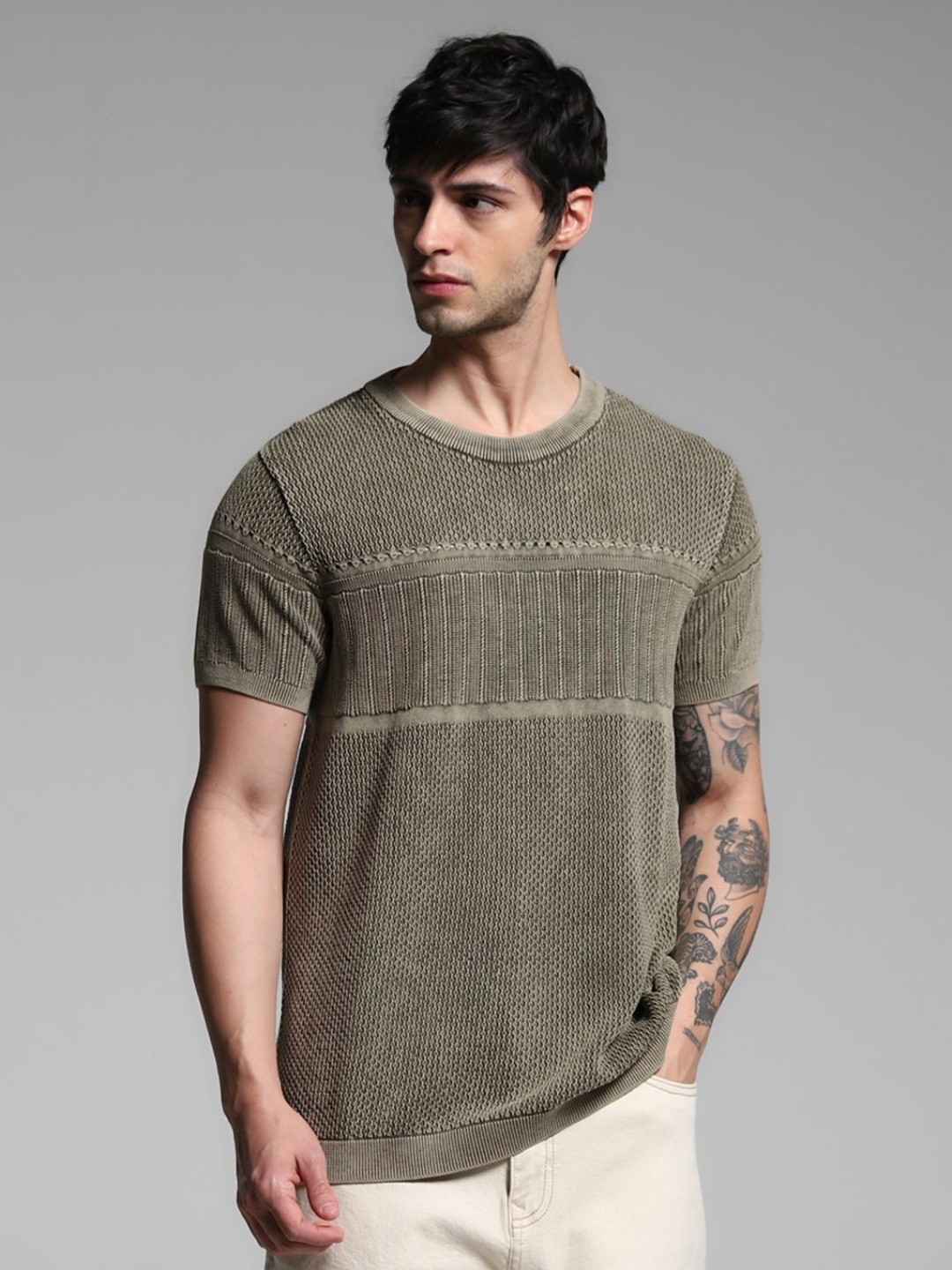 

Jack & Jones Men Self Design Round Neck Cotton T-shirt, Green