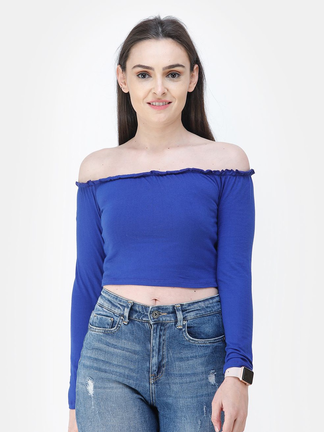 

Moda Rapido Women Off-Shoulder Cotton Fitted Crop Top, Blue