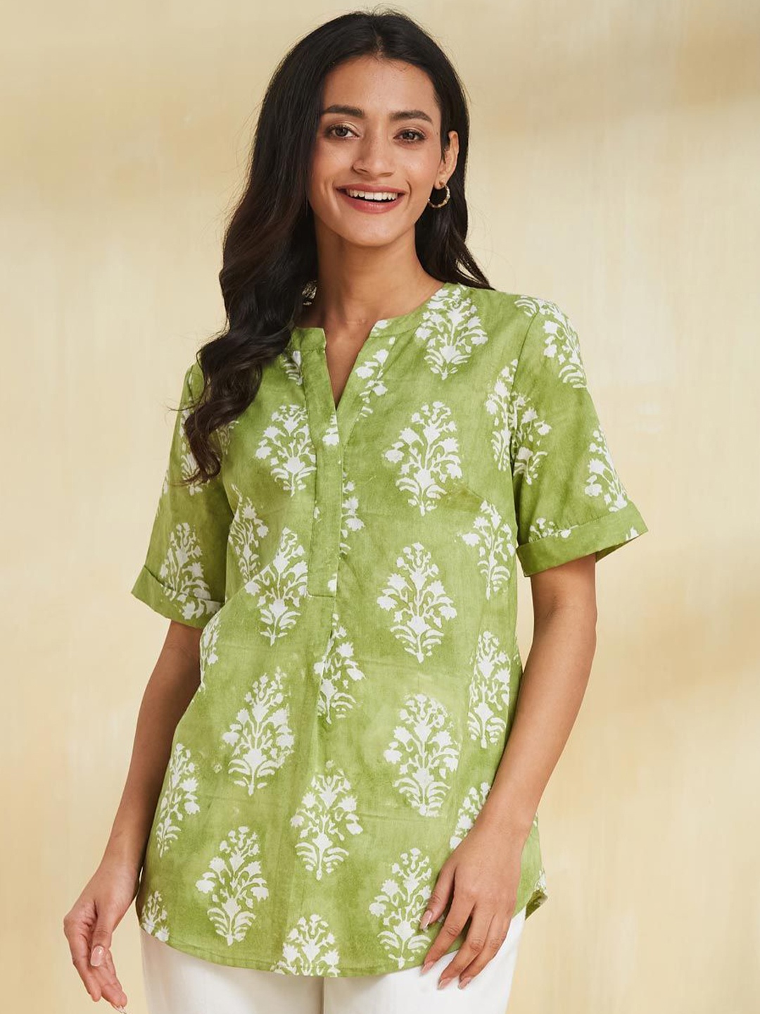 

Fabindia Ethnic Printed Round Neck Tunic, Green