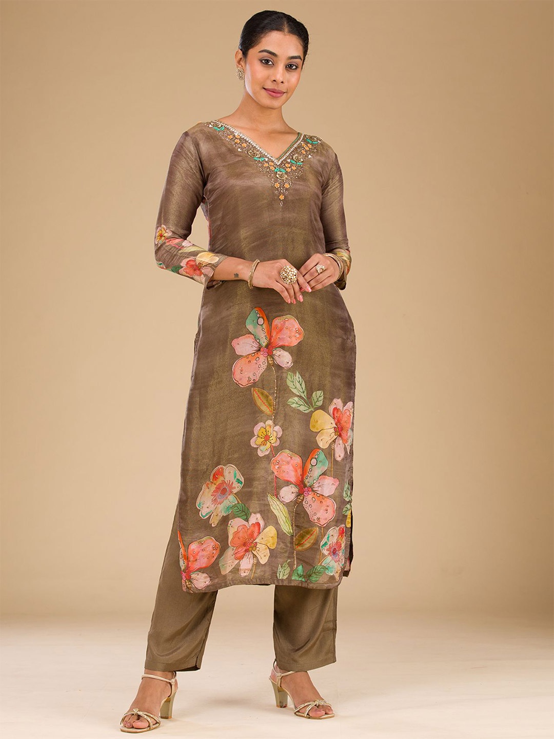 

Koskii Floral Printed Beads and Stones Tissue Straight Kurta with Trousers & Dupatta, Brown