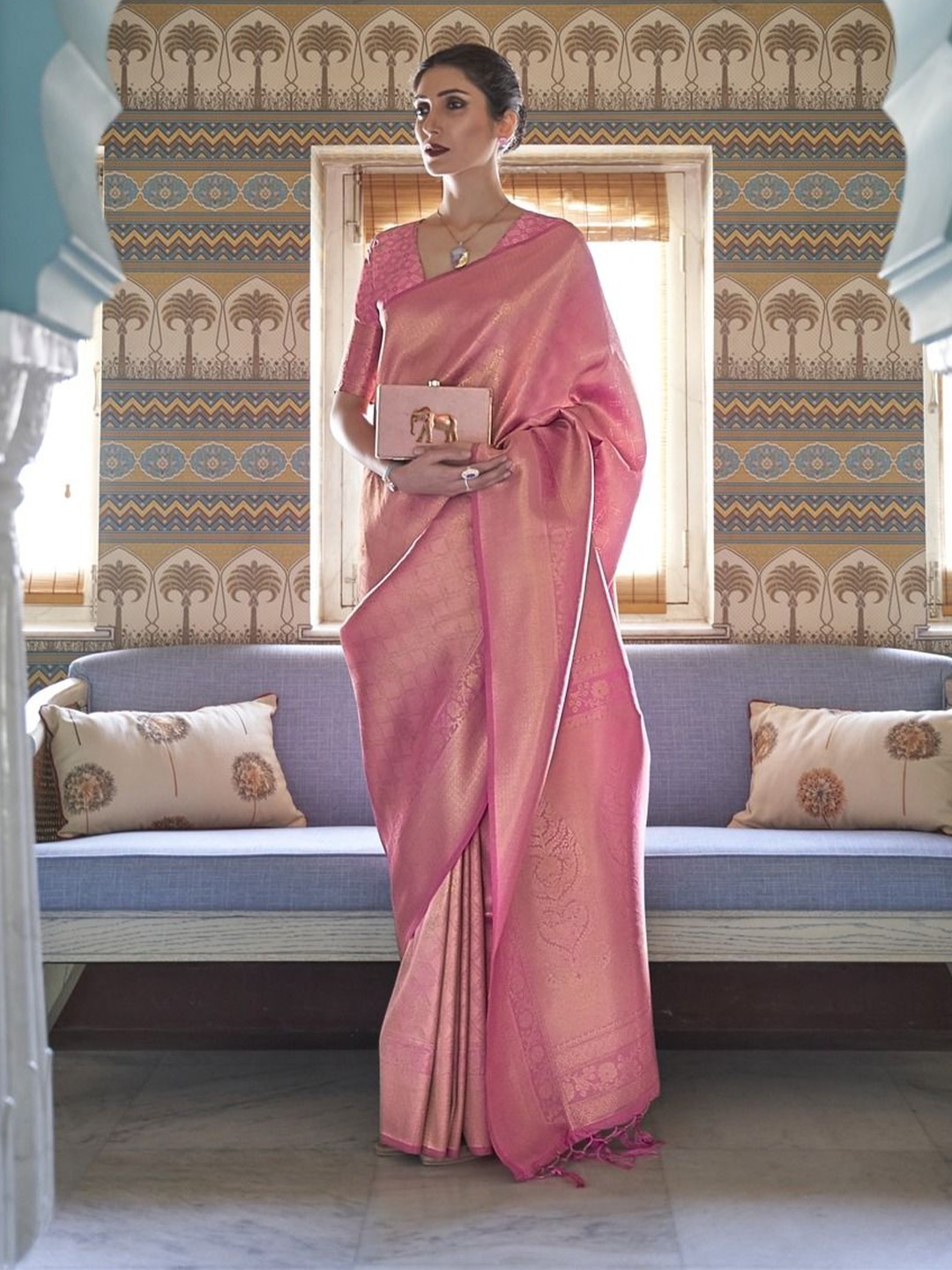 

Anouk Woven Design Zari Silk Blend Banarasi Saree, Pink