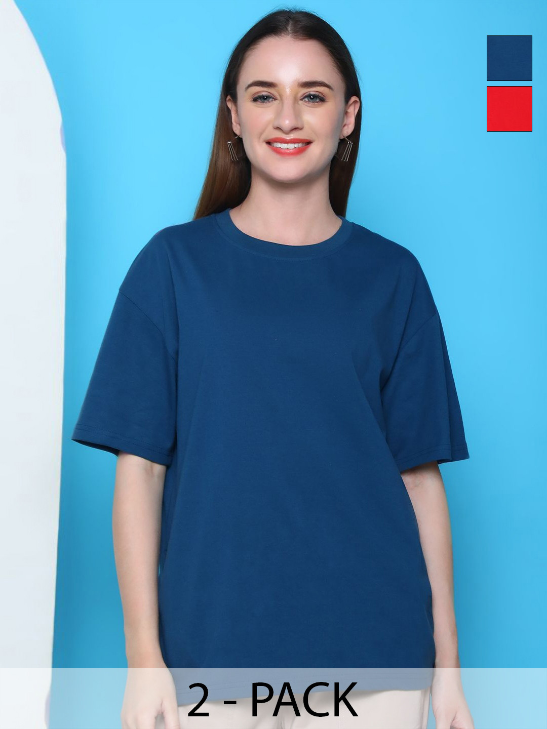 

Dreambe Women Pack of 2 Graphic Printed Round Neck Cotton Oversized T-shirts, Navy blue