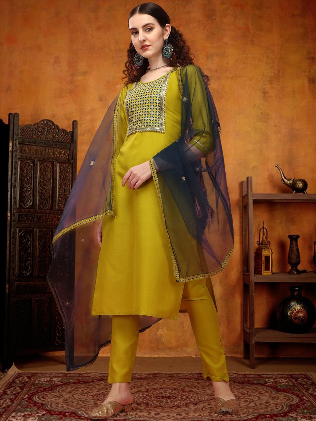 

SheWill Floral Embroidered Round Neck Sequinned Straight Kurta With Trouser & Dupatta, Green