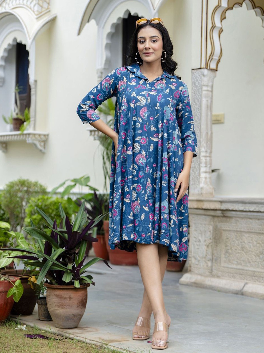 

Demirner Women Floral Print Shirt Collared A-Line Dress, Blue