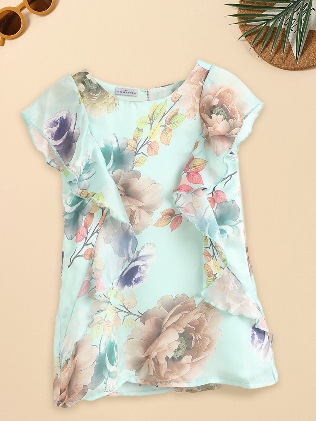 

FOREVER FRIDAY Girl Flutter Sleeves Floral Printed A-Line Dress, Blue