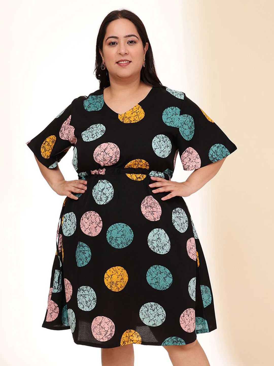 

DressBerry Curve Women Plus Size Polka Dots Printed Flared Sleeves Fit & Flare Dress, Black