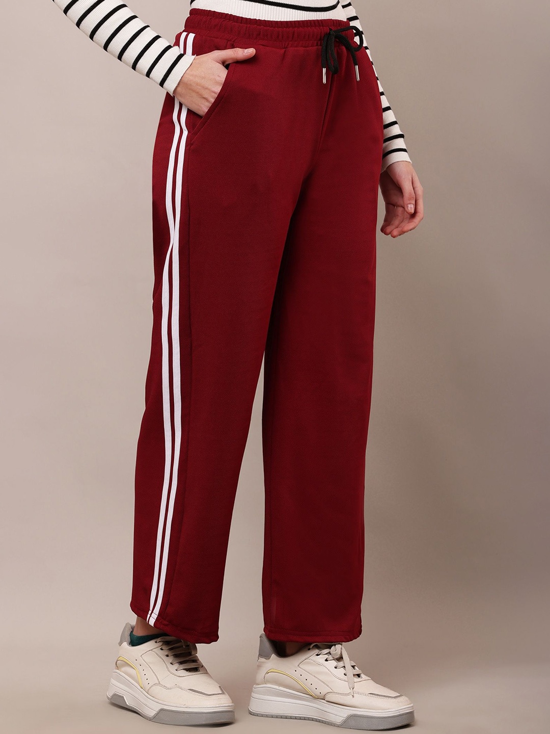 

BAESD Women Striped Relaxed Straight Leg Trousers, Maroon