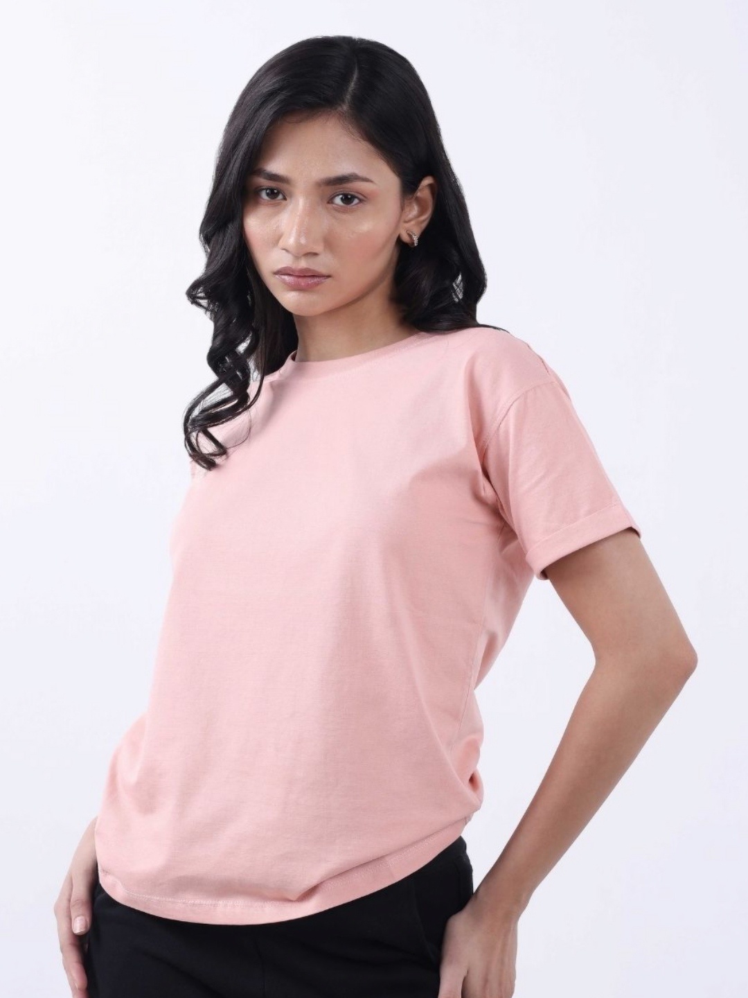 

Bonnaty Women Solid Round Neck Cotton T-shirt, Peach