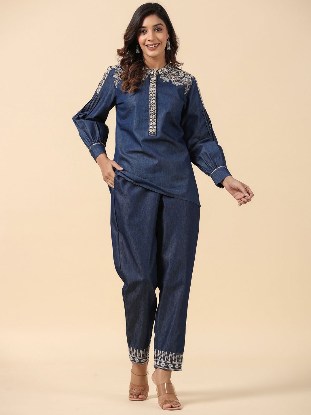 

ANUSHEET Embroidered Shirt With Trousers Co-Ords, Navy blue