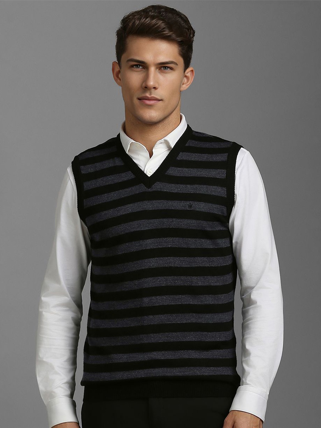 

Louis Philippe Men V-Neck Striped Sweater Vest, Black