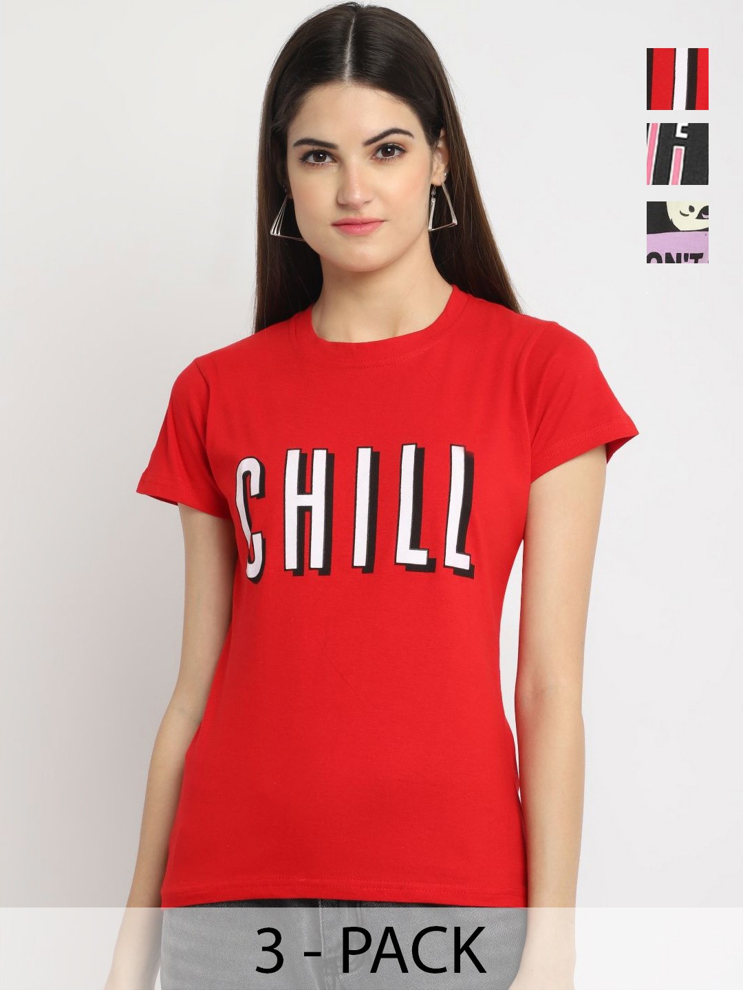 

Dreambe Women Pack Of 3 Graphic Printed Round Neck Cotton T-shirts, Red