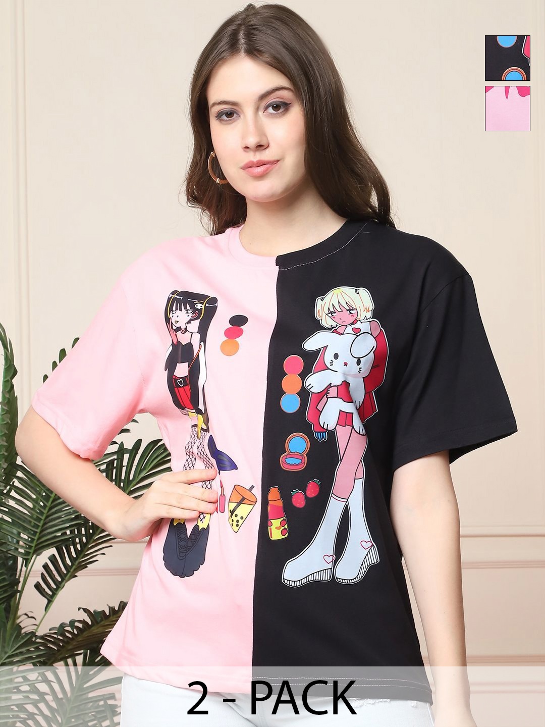 

Dreambe Women Pack Of 2 Graphic Printed Round Neck Cotton Oversized T-shirts, Pink