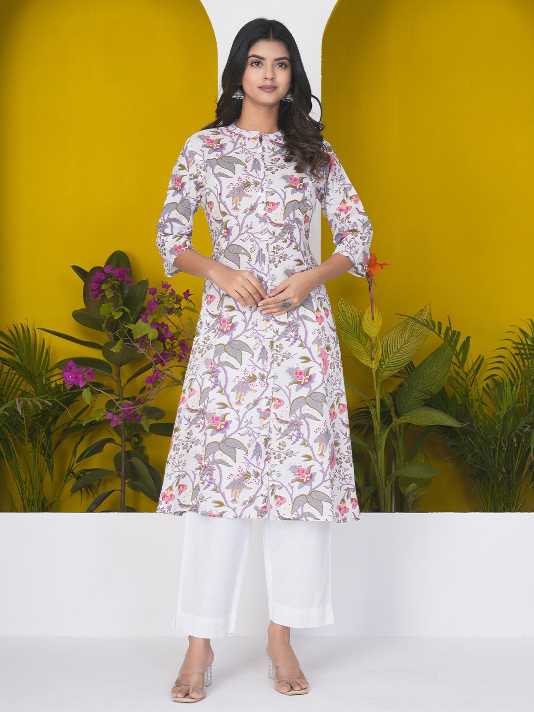 

GATIM Floral Printed Band Collar Mirror Work Cotton Straight Kurta, White