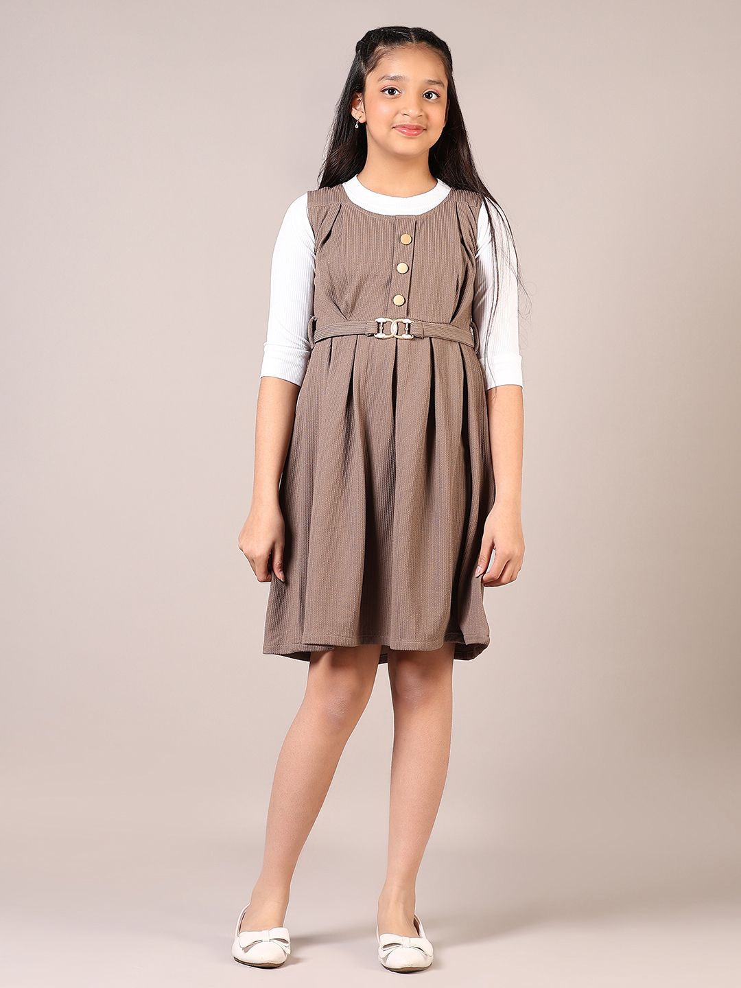 

V-Mart Girls Round Neck Fit & Flare Cotton Dress, Brown