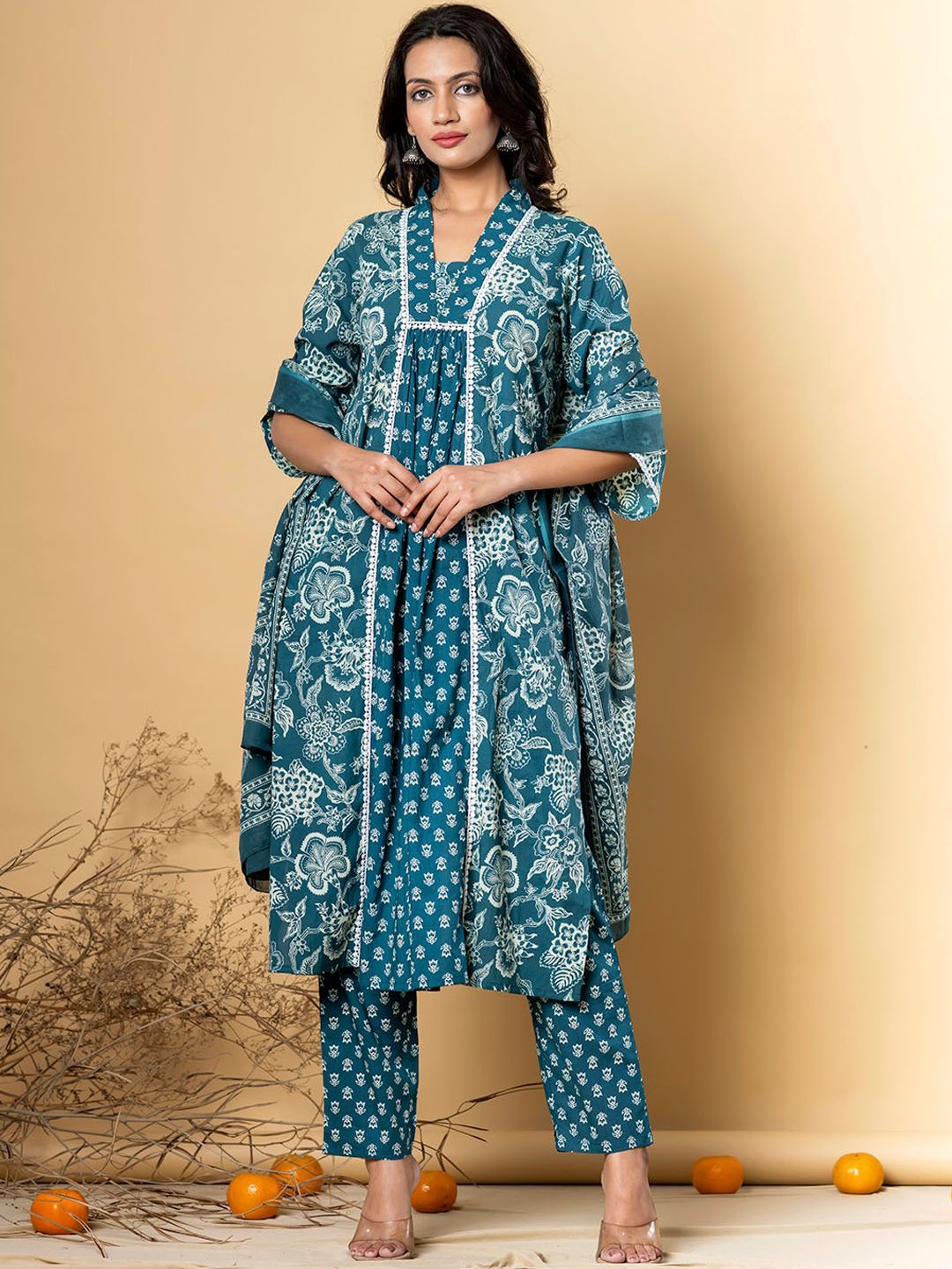 

Readiprint Floral Printed Pure Cotton A-line Kurta With Trousers & Dupatta, Teal