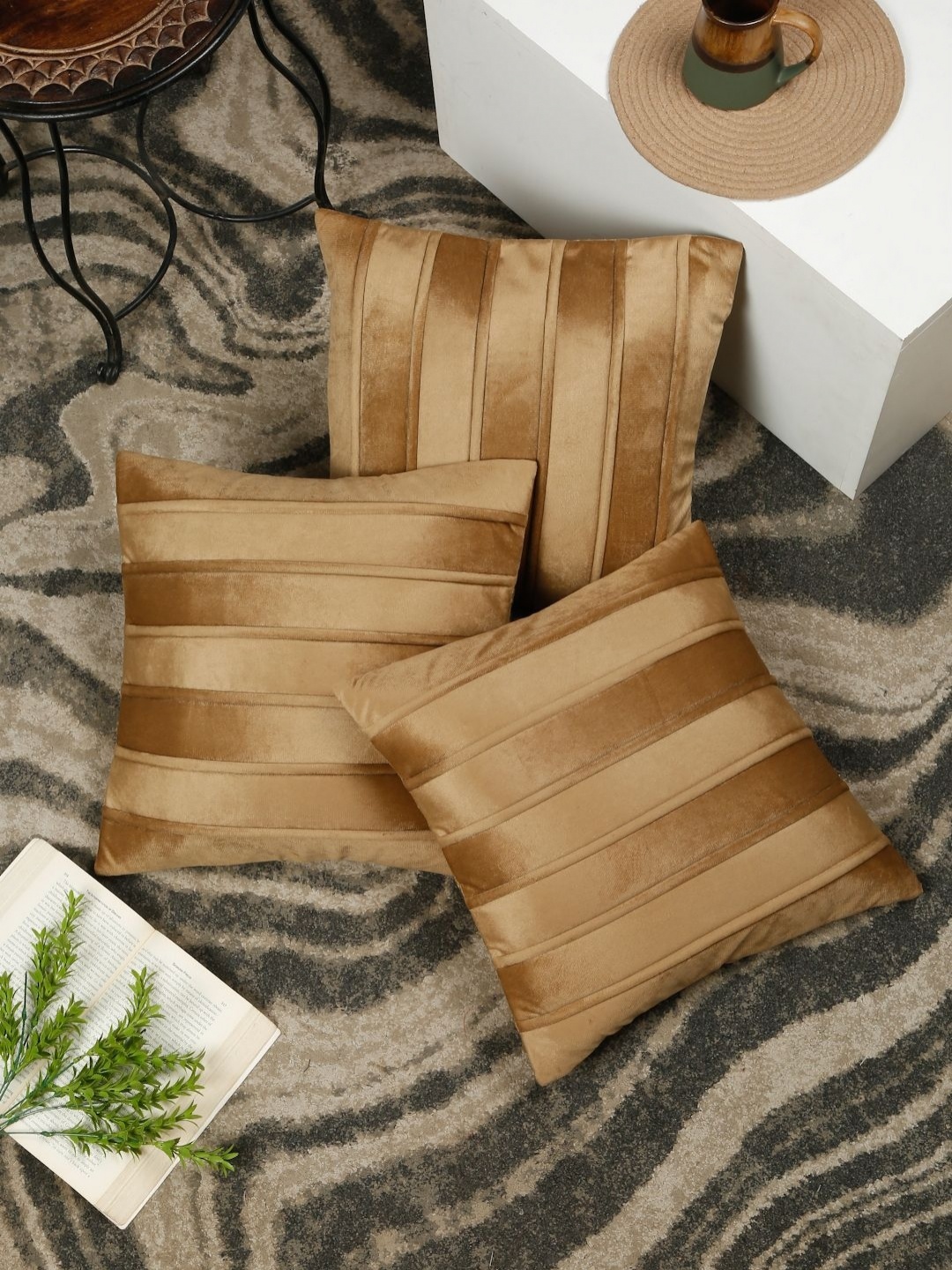 

SOKNACK Camel Brown 3 Pieces Striped Velvet Square Cushion Covers