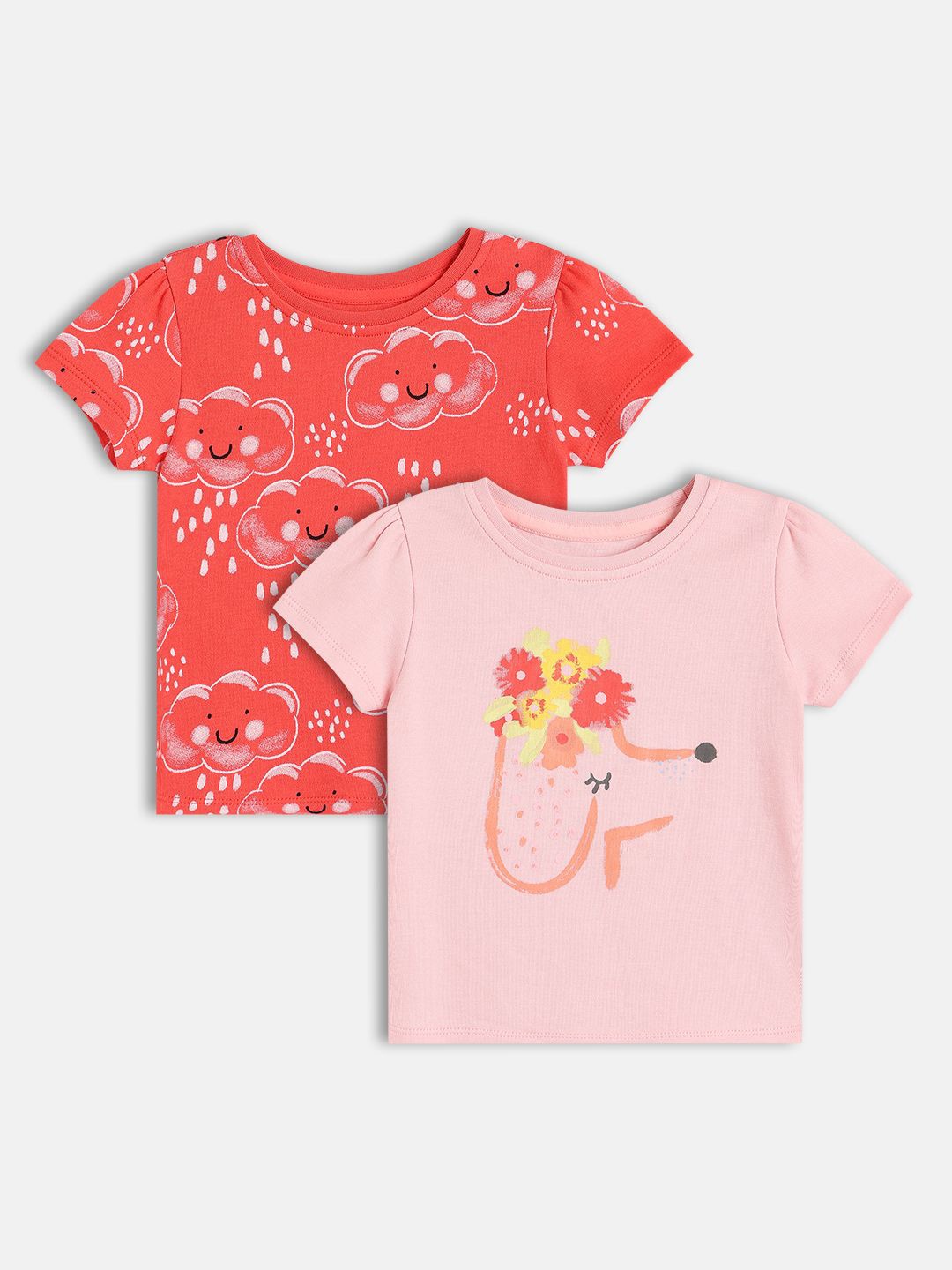 

MINI KLUB Girls Pack Of 2 Floral Printed Round Neck Cotton Tops, Red