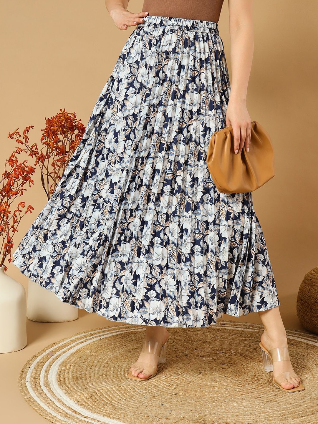 

ZWERLON Women Floral Printed & Pleated A-Line Maxi Skirt, Navy blue