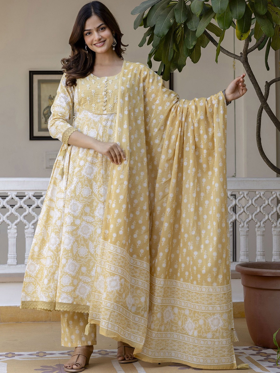 

EthniFlair Floral Printed Round Neck Pure Cotton Anarkali Kurta With Trousers And Dupatta, Yellow