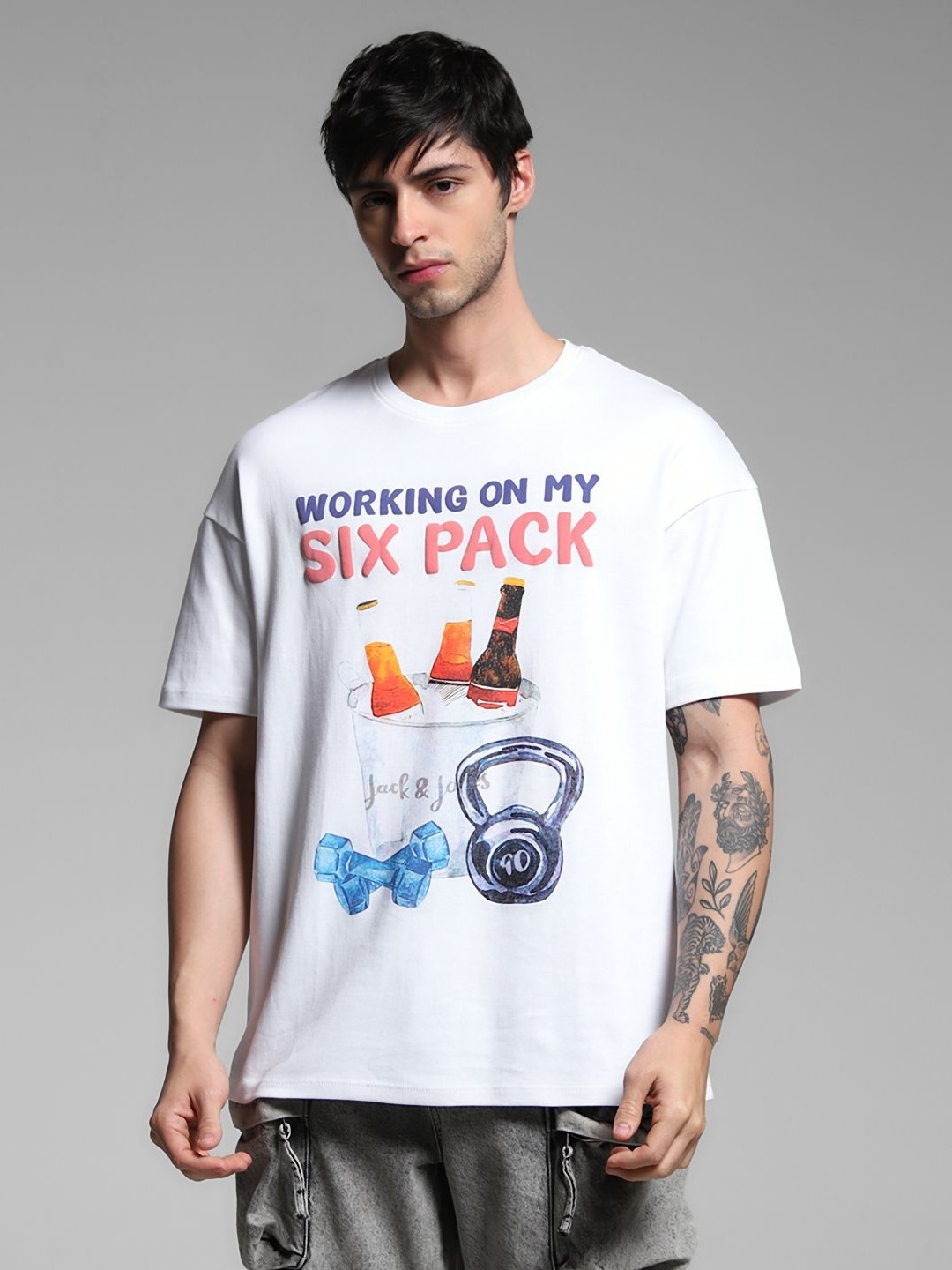

Jack & Jones Men Graphic Printed Round Neck Cotton Oversized T-shirt, White