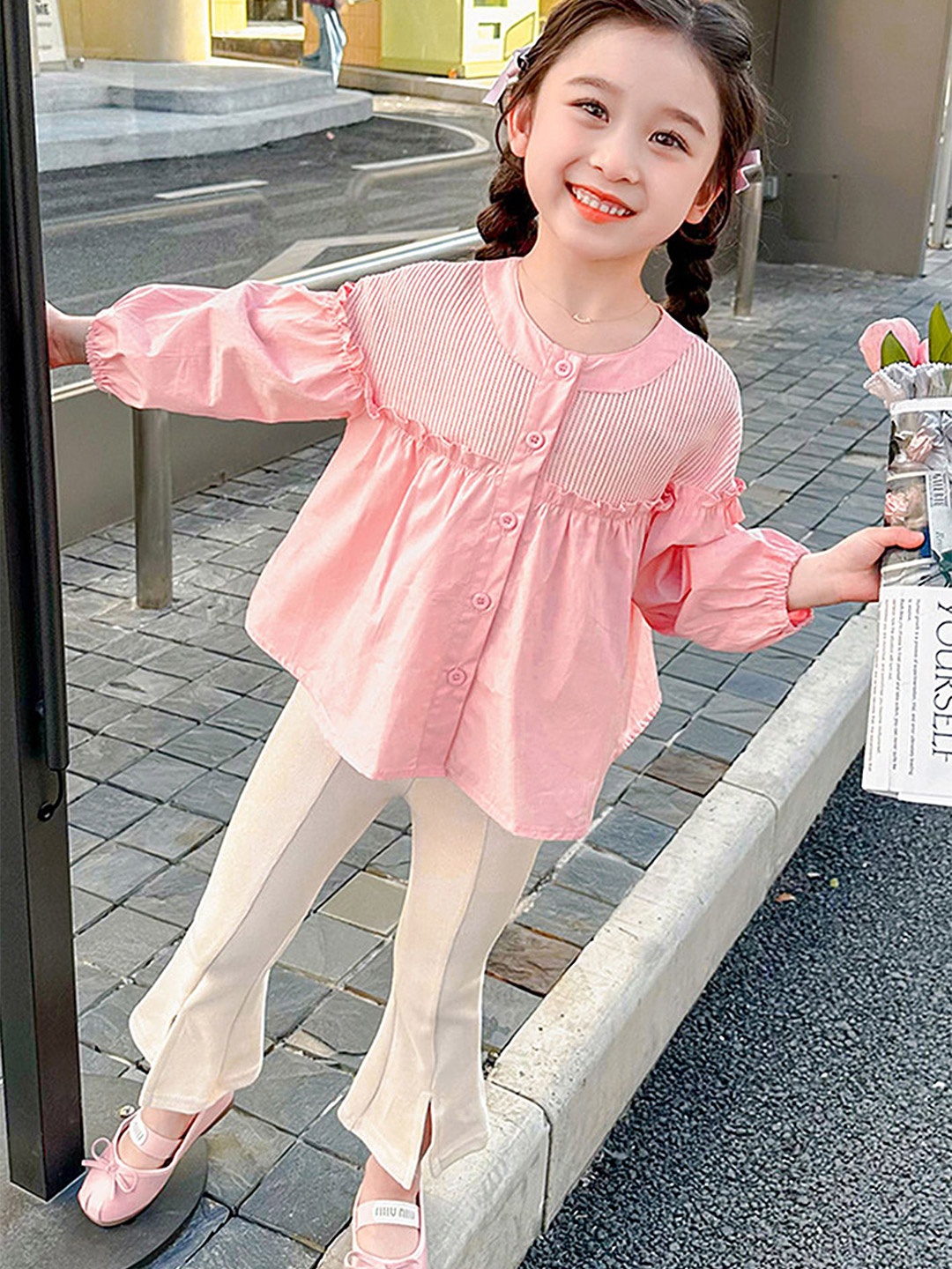 

LULU & SKY Girls Self Design Round Neck Top With Trouser, Pink