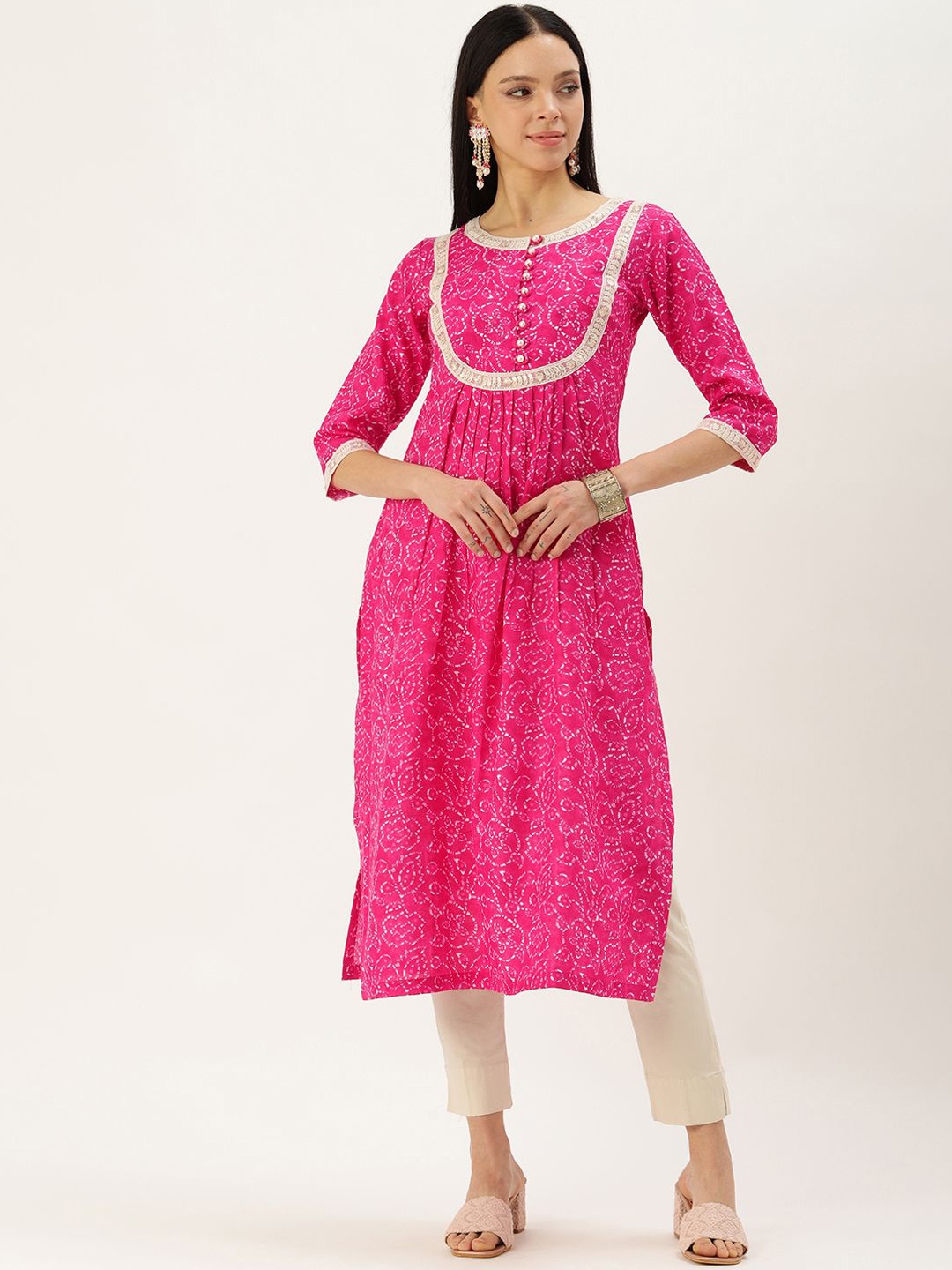 

BAPS Bandhani Printed Round Neck Pleated Sequinned Pure Cotton Straight Kurta, Pink