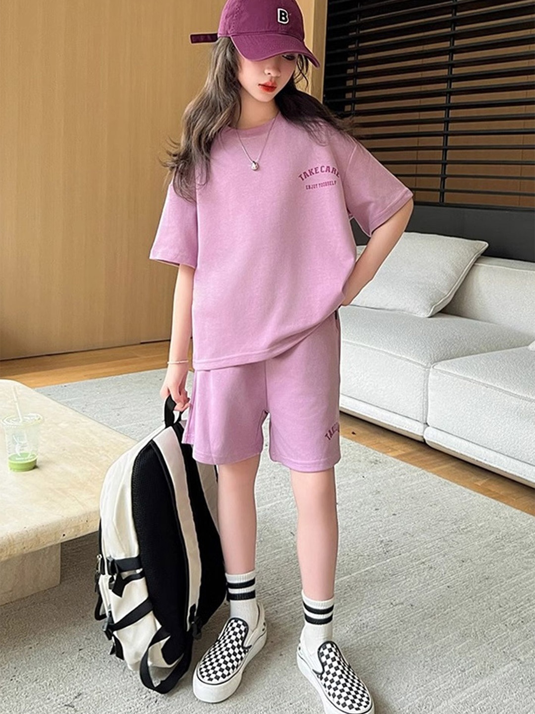 

LULU & SKY Girls Round Neck T-Shirt With Shorts, Purple
