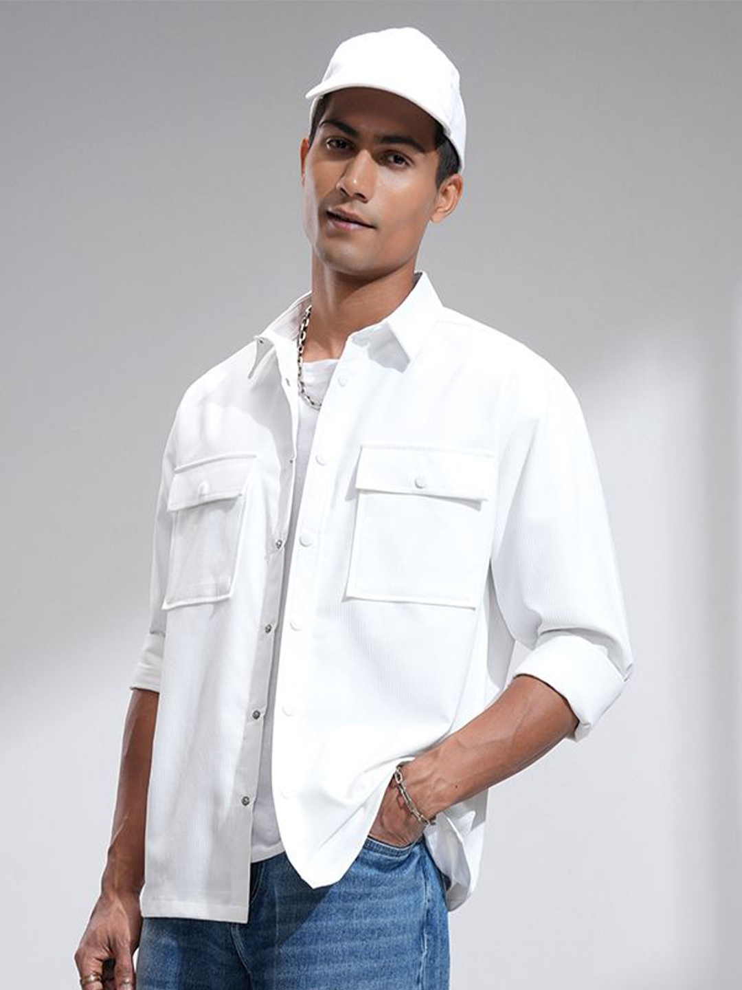 

Locomotive Men Popcorn Dobby Textured Utility Pocket Oversized Overshirt, White