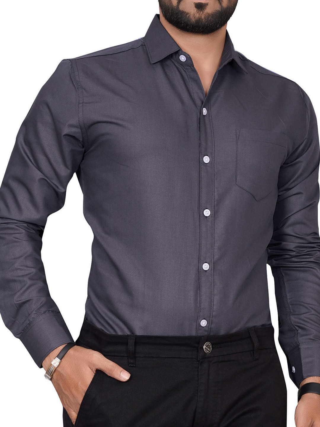 

Metronaut Men Standard Regular Fit Spread Collar Solid Cotton Formal Shirt, Grey melange