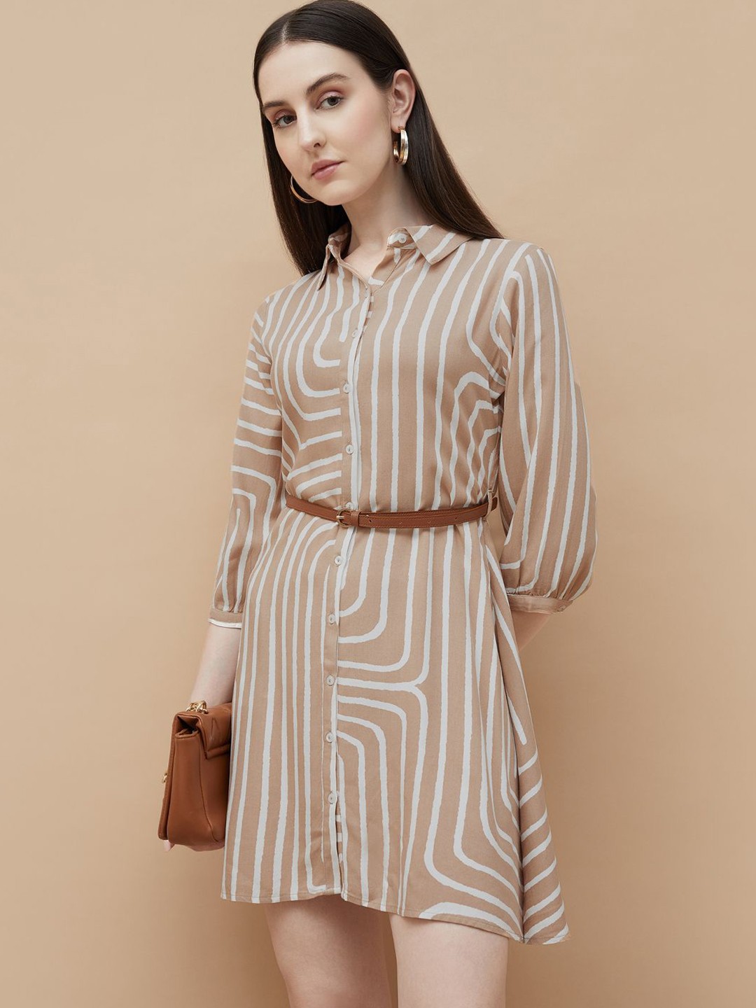 

CODE by Lifestyle Women Printed Puff Sleeves Shirt Dress, Brown