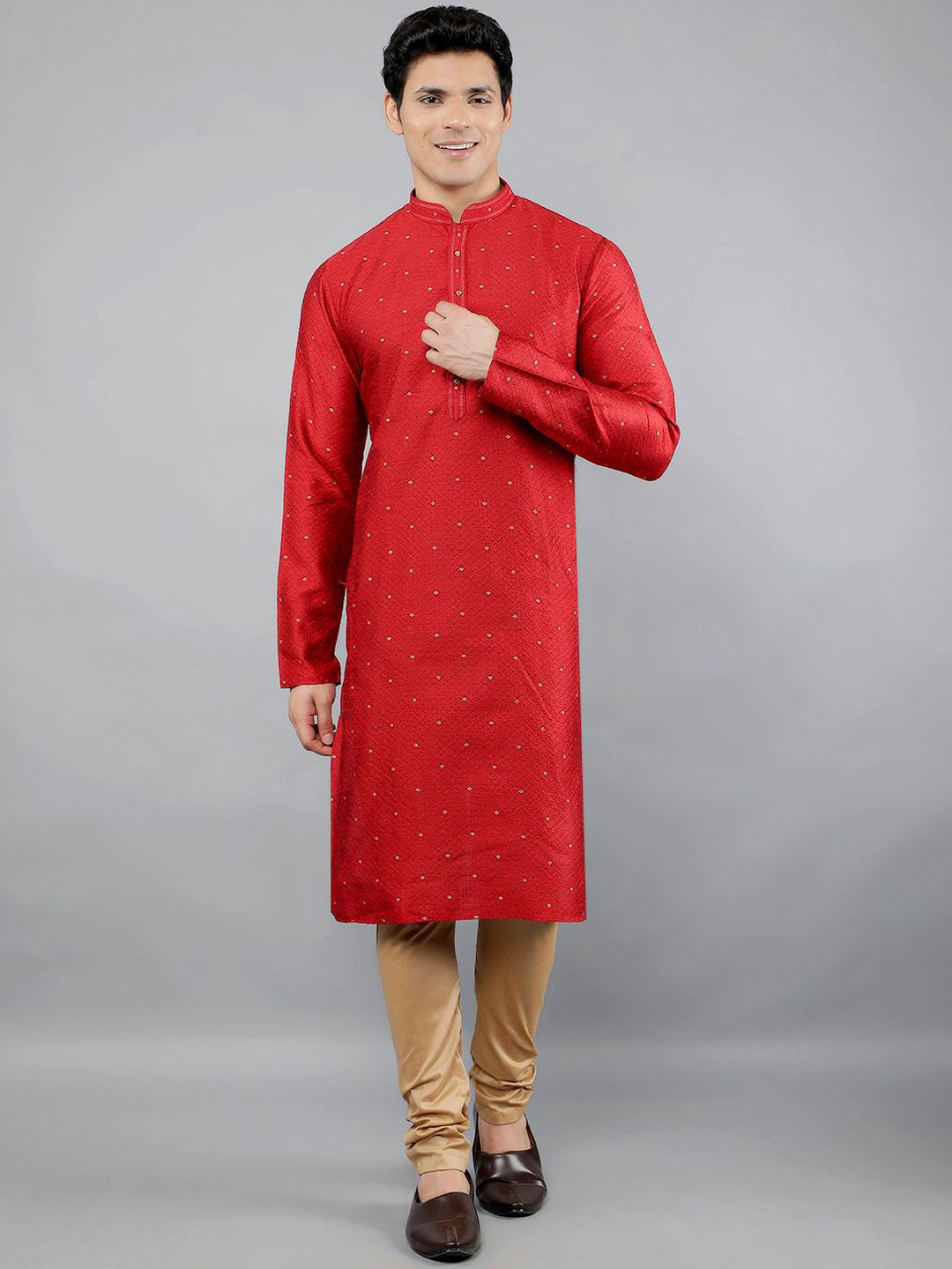 

Manish Creations Floral Woven Design Mandarin Collar Jacquard Straight Kurta With Churidar, Red