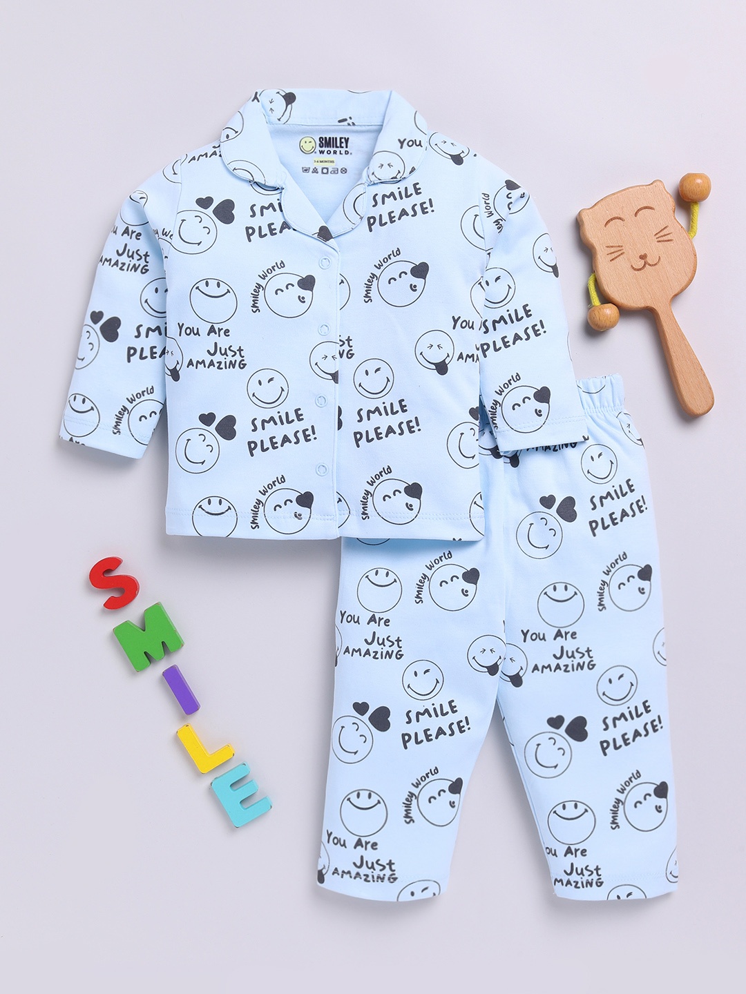 

YK X Tinyo Boys Conversational Printed Shirt and Pyjamas Night suit, Blue