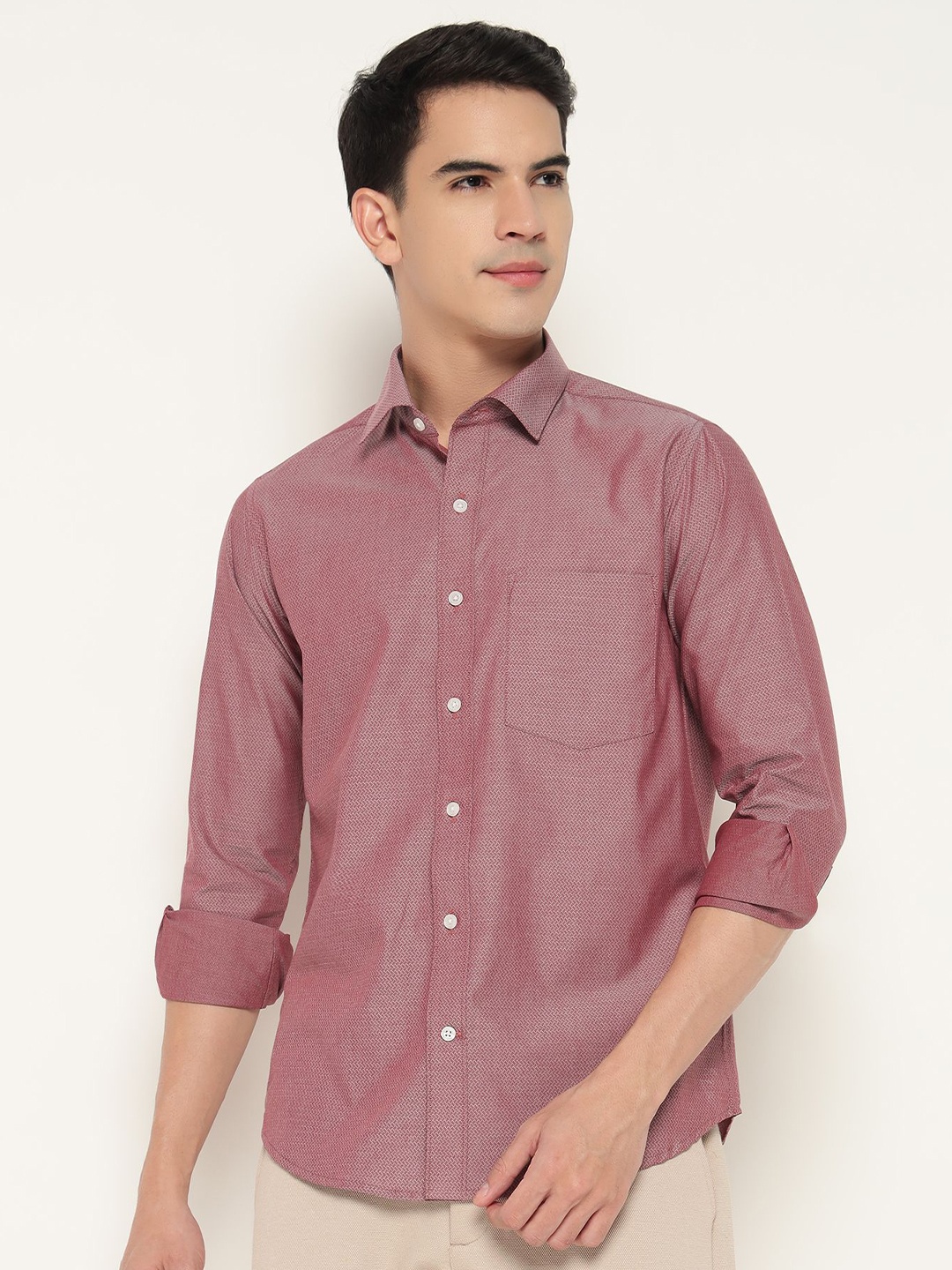

PRIME PORTER Men Spread Collar Solid Cotton Casual Shirt, Red