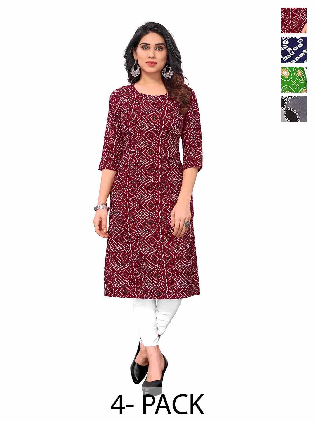 

KETAKI FASHION Selection Of 4 Bhandani Printed Straight Kurtas, Maroon