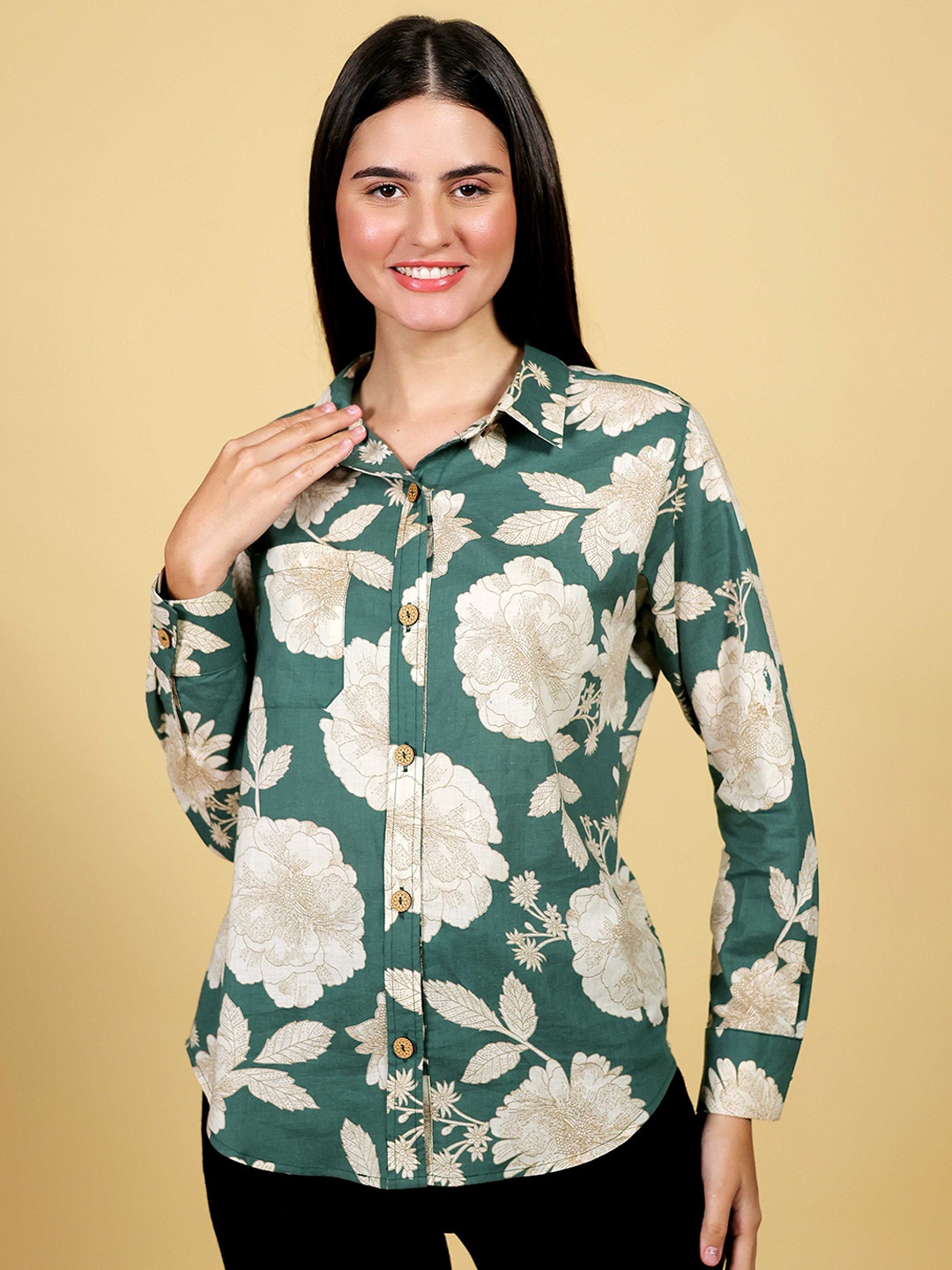 

BEOM Women Standard Fit Spread Collar Floral Printed Cotton Casual Shirt, Green