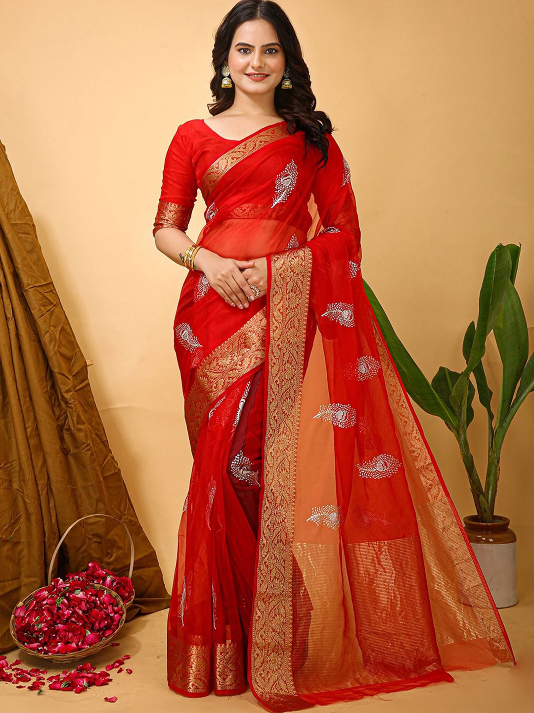 

LeeliPeeri Designer Woven Design Zari Organza Saree, Red