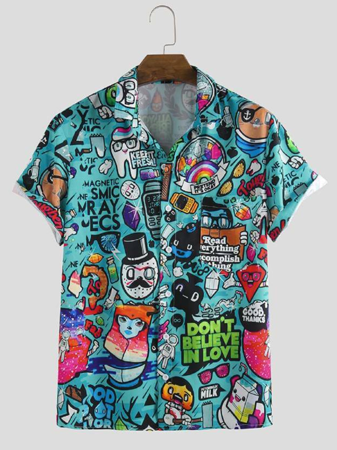 

iCome Men Cuban Collar Graphic Printed Cotton Linen Casual Shirt, Blue