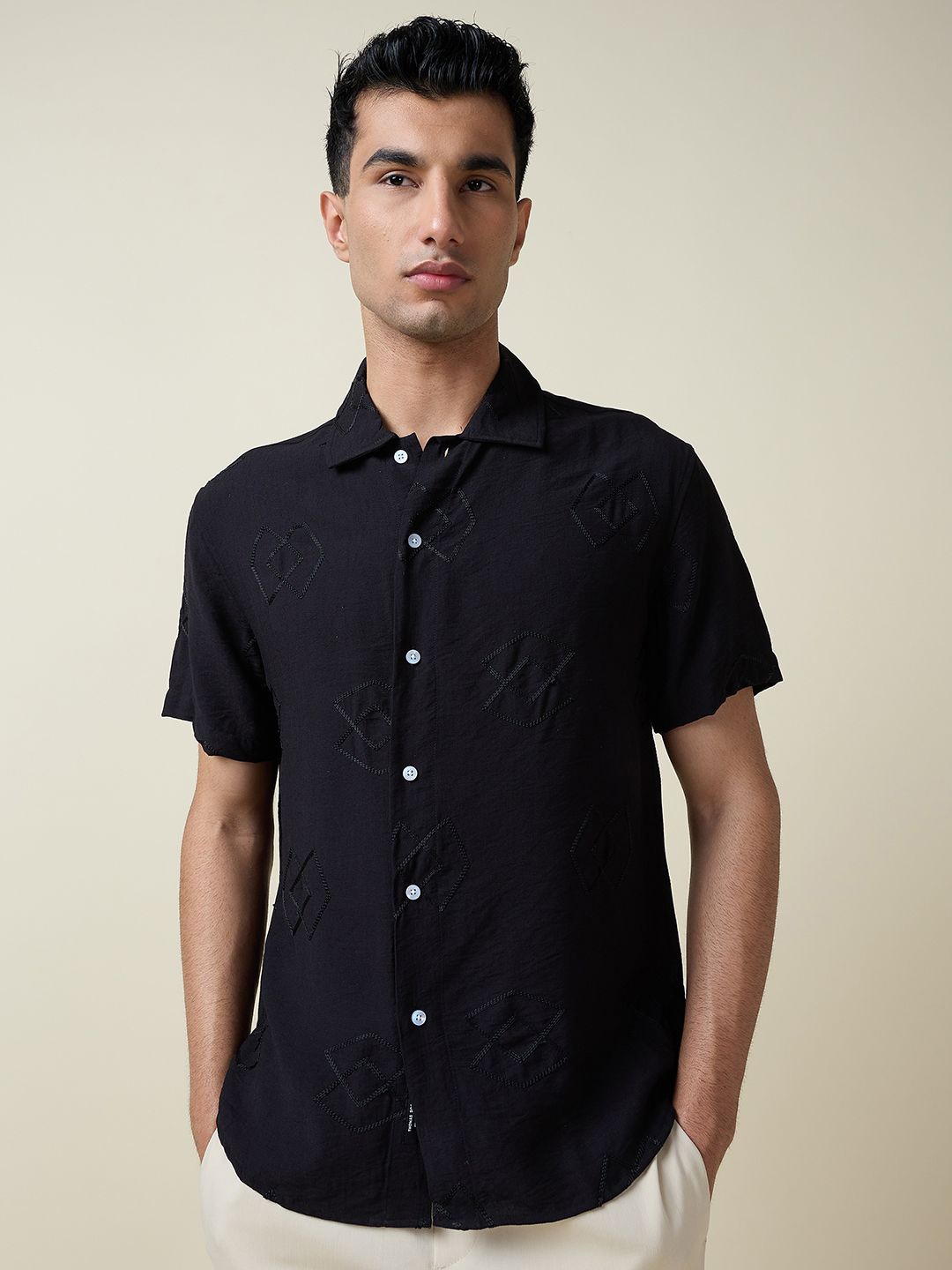 

Thomas Scott Men Embroidered Regular Fit Casual Shirt, Black