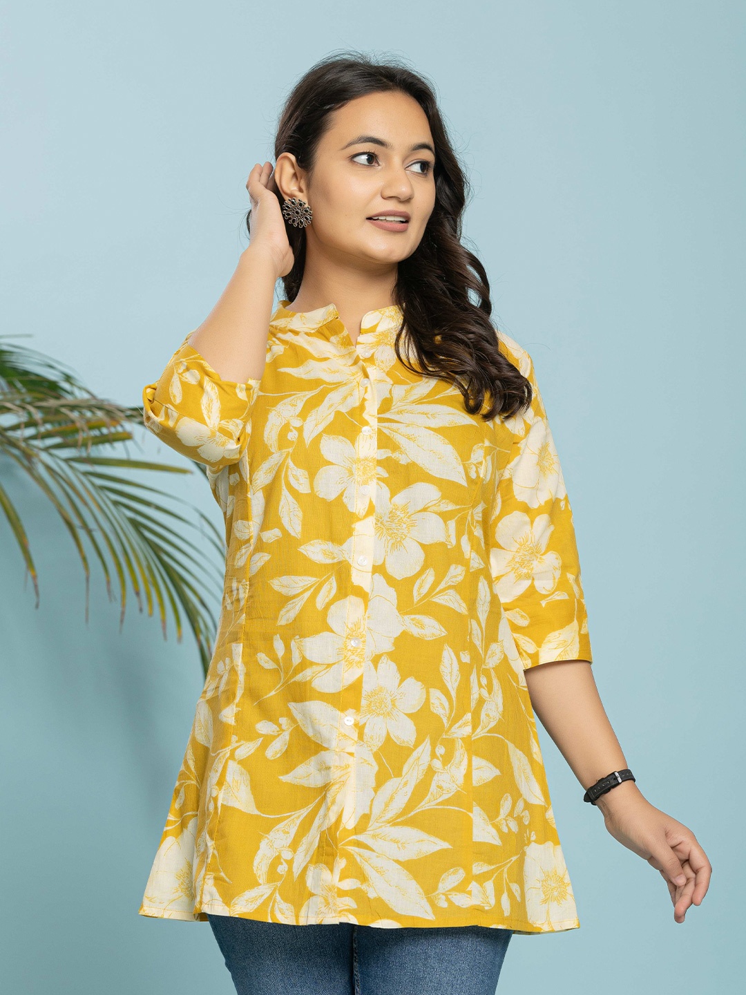 

INDYES Floral Printed Pure Cotton Kurti, Yellow